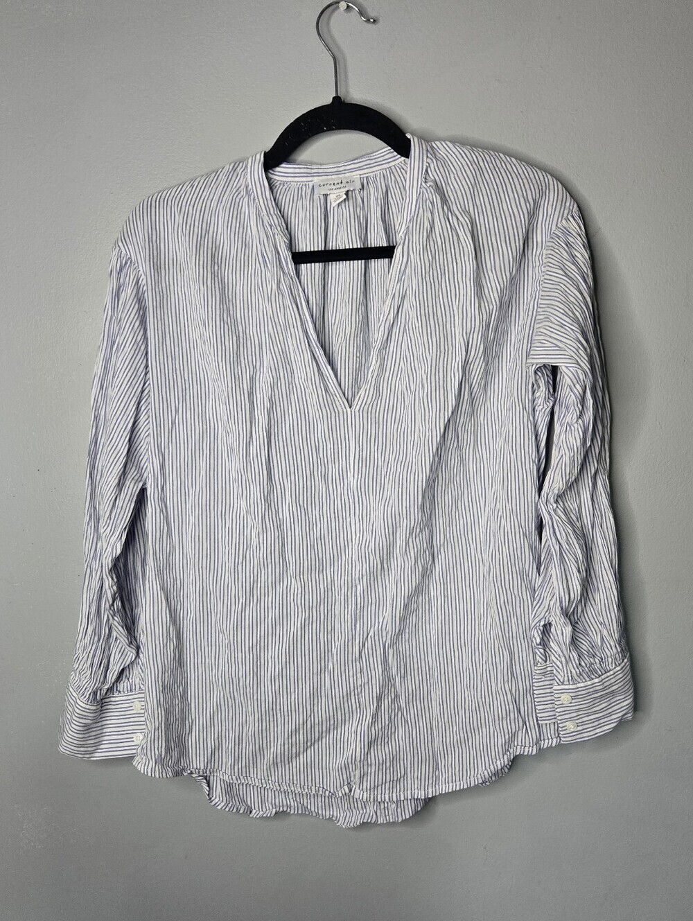 Blue & White Stripe V-Neck Popover Blouse XS Cotton Blend Light Weight Beachy